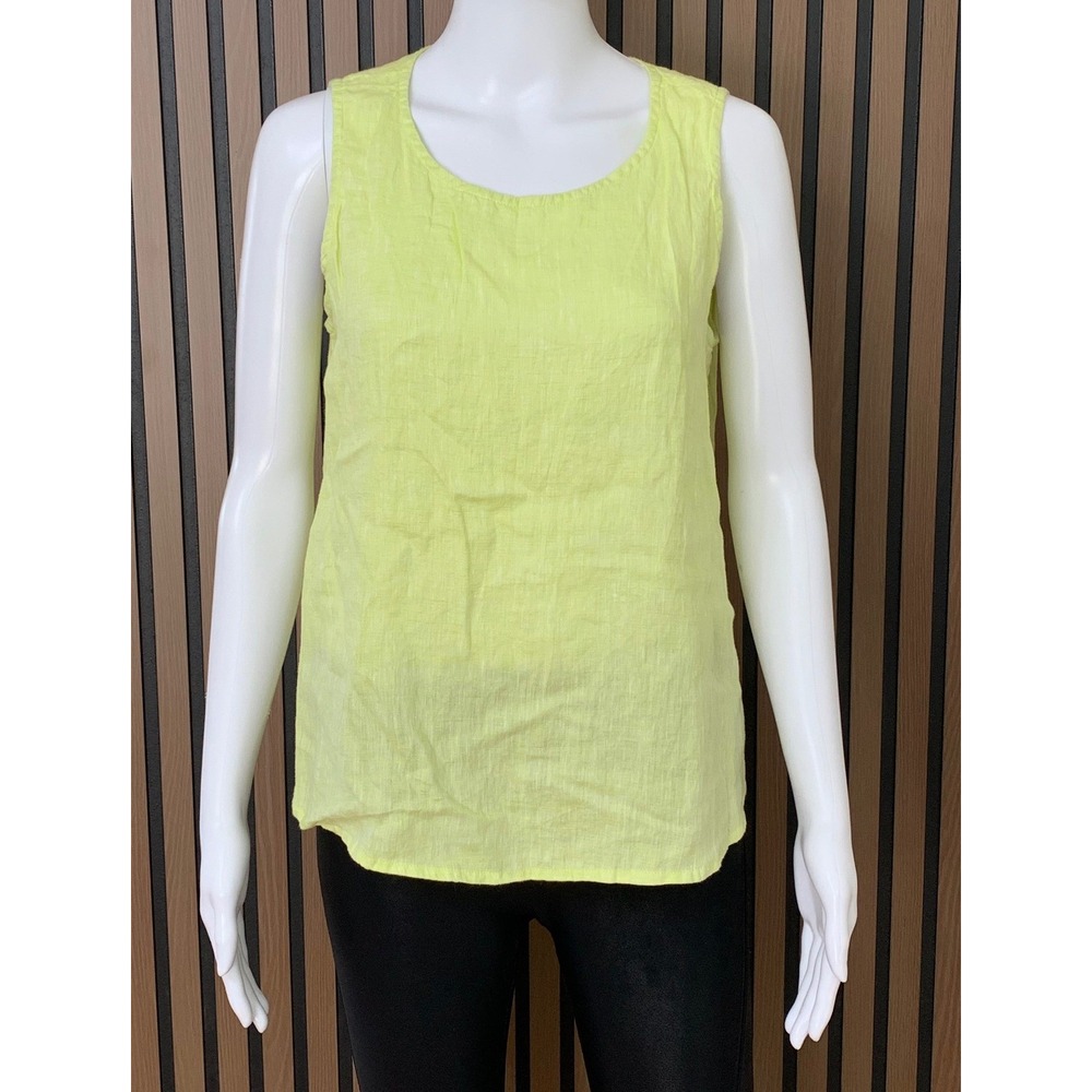 Yuvita 100% Linen Women's Sleeveless Tank Top Lime M Yellow Scoop Neck High